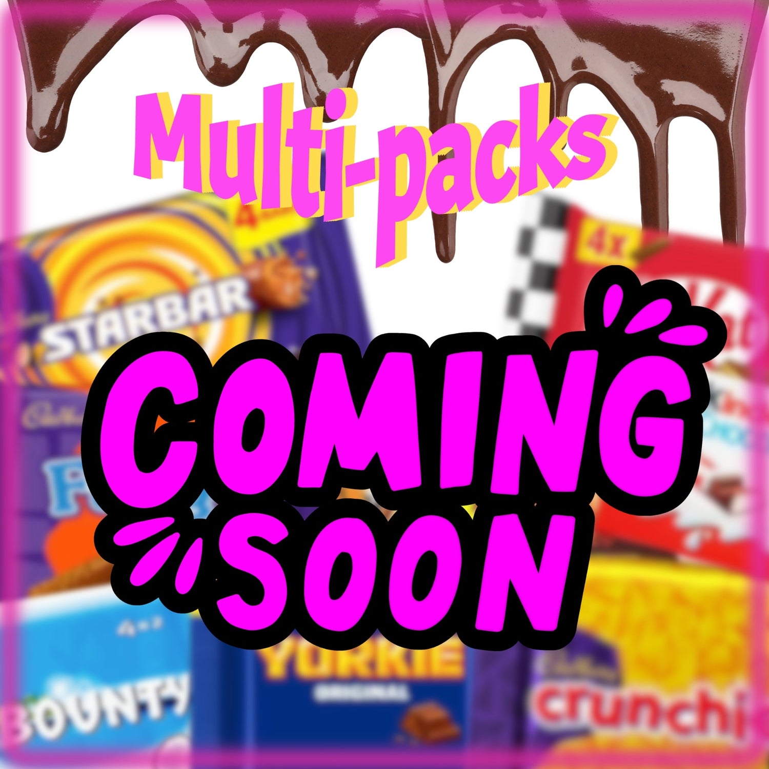 lots of multipacks of chocolate bars with chocolate running down the page 