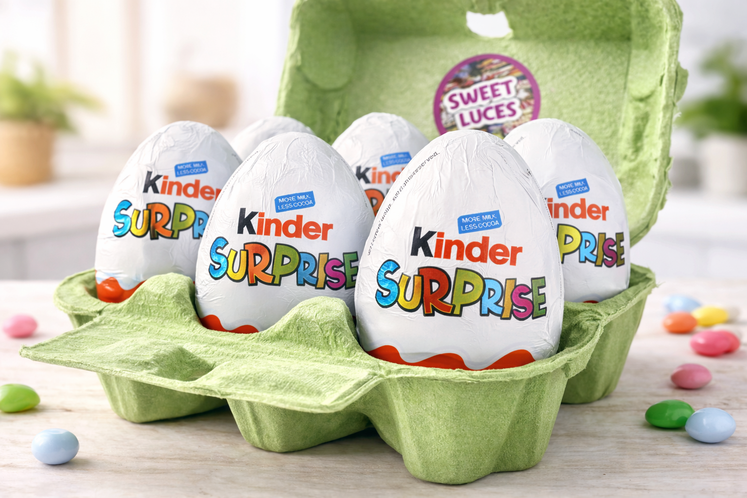 Kinder Surprise eggs in a green carton on a light background